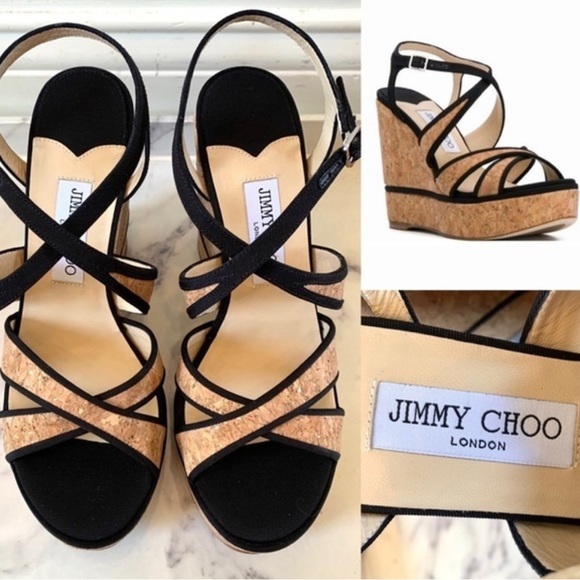 JIMMY CHOO Alissa 120 Natural/Black…Cork/Grosgrain in size 40 (US Women’s 10) - Picture 2 of 6